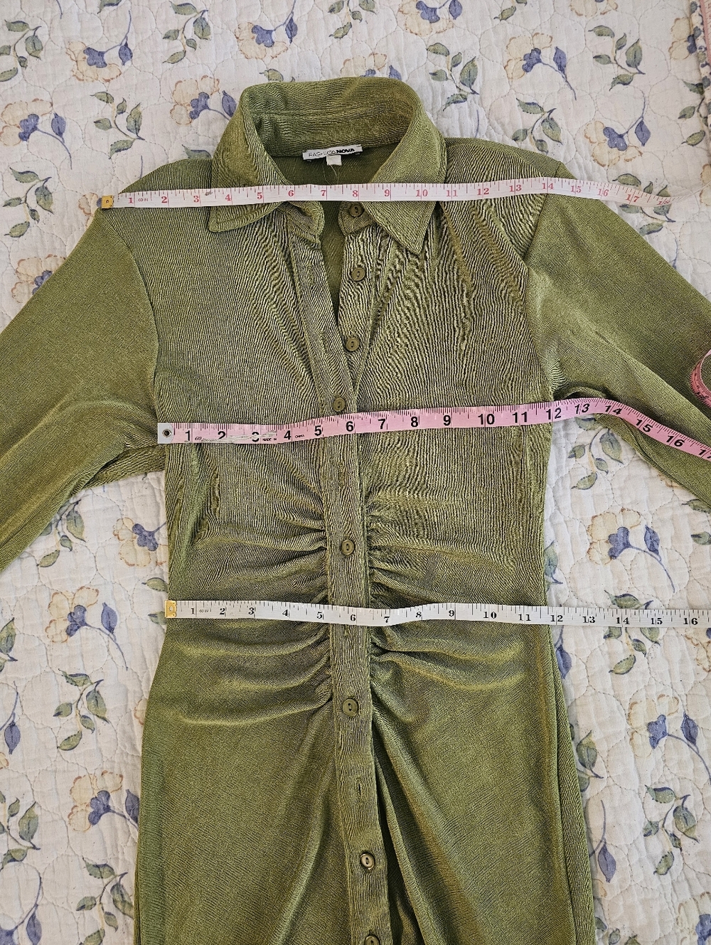 Fashion Nova Olive Green Button-Front Ruched Long Sleeve Shirt Dress Size XS - Picture 7 of 12
